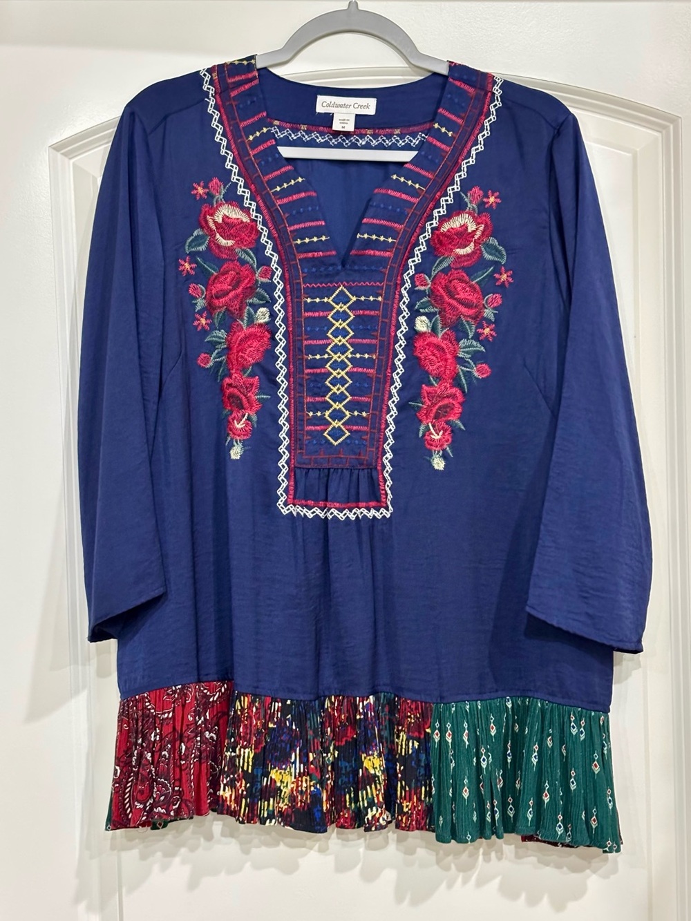 Coldwater Creek Navy Embroidered Floral Tunic with Multicolor Pleated Hem